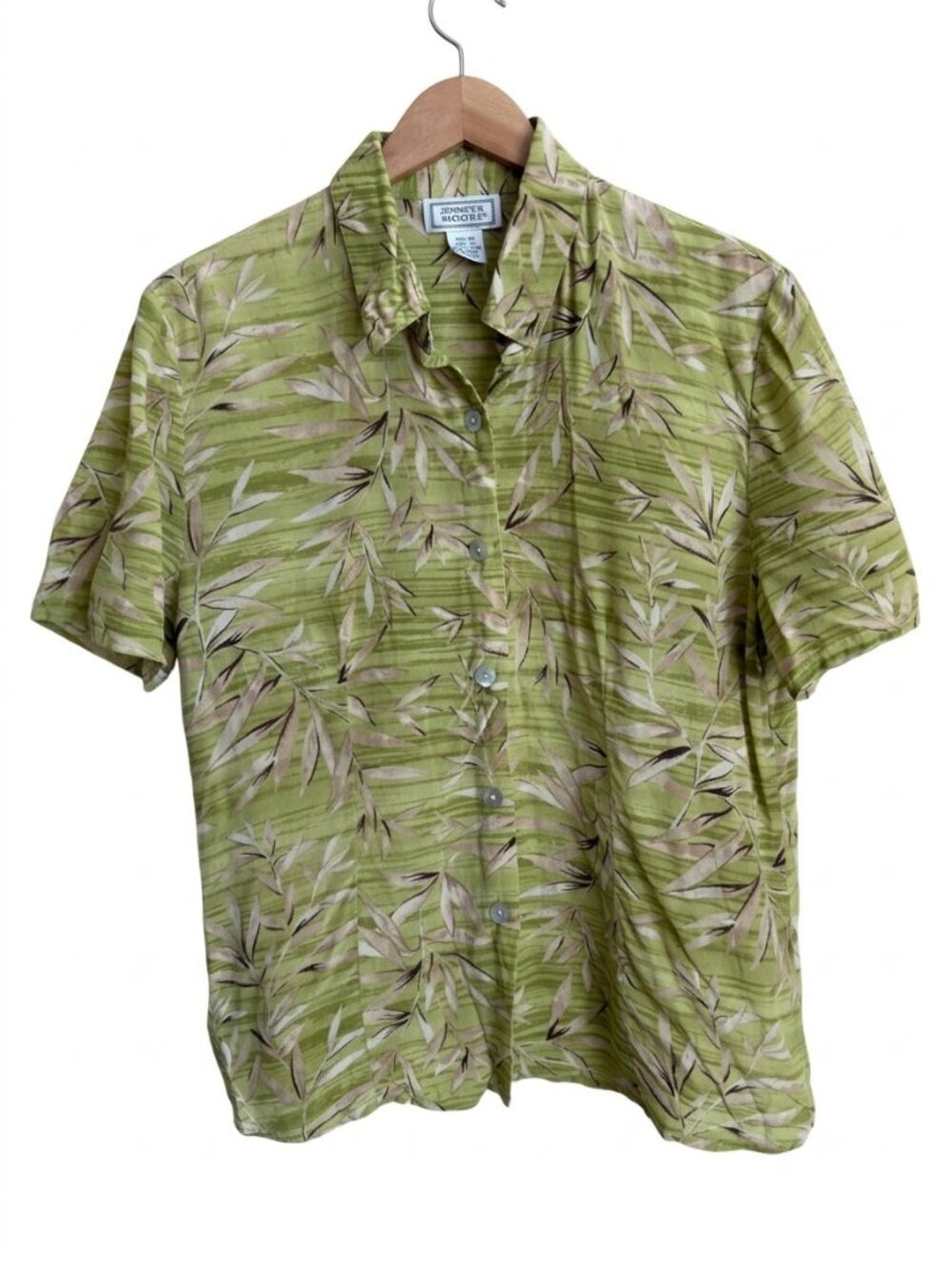 Vintage Silk Leaf Blouse Jennifer Moore 12 Green Botanical Cottagecore Top Shirt